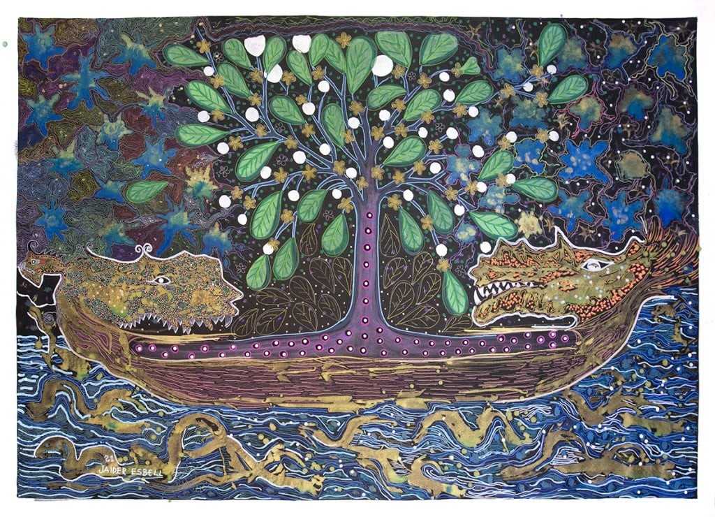 “A descida da pajé Jenipapo do reino das medicinas”, 2021, Acrílica e posca sobre tela, 111 x 160 cm. (1)